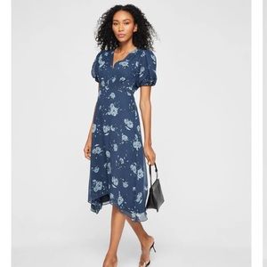 Club Monaco Navy Floral Silk V Neck Puff Sleeve Dress size 0 NWT